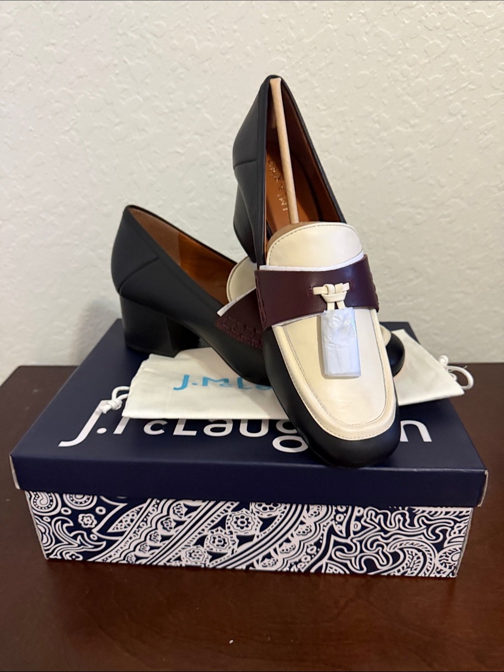 J. McLaughlin Black, Cream & Burgundy Two-Tone Leather Loafers